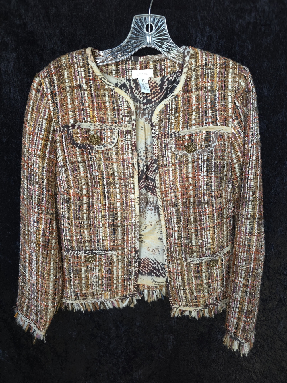Chico's Multicolor Tweed Fringe Jacket